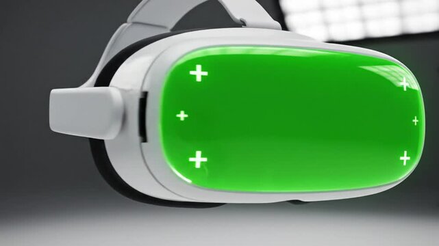 Cinematic product shot of a sleek white VR headset floating in front of a clean gray background. The front visor glows bright neon green with subtle plus symbols in the corners, reflecting soft studio