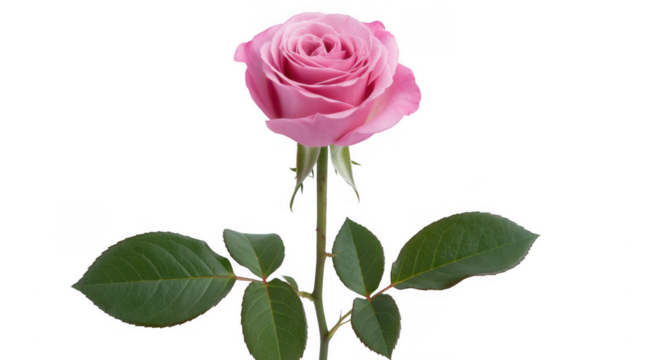 Single pink rose with green leaves on a black background isolated on a transparent background