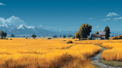 Scenic rural farmland surrounded by bright yellow wheat high resolution picture