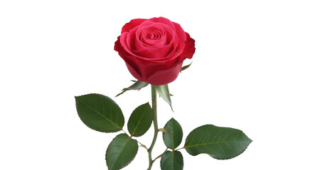 Single red rose with green leaves on a black background isolated on a transparent background