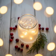 Glowing Fairy Lights In Jar With Cranberry Christmas Decoration On Rustic Wooden Table With Winter Bokeh