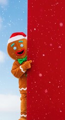 Gingerbread Man Mascot Pointing At Red Background With Copy Space During Winter Christmas Holiday