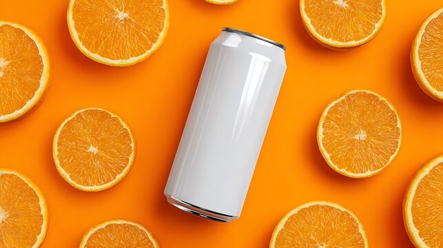 Orange Slices and White Soda Can on Orange Surface.