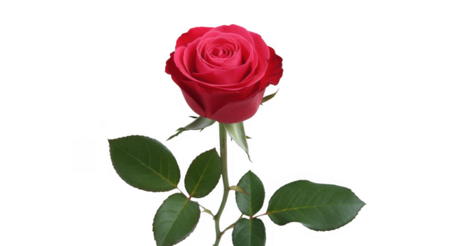 Single red rose with green leaves on a black background isolated on a transparent background