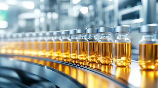 Production process of amber liquid in glass vials at a factory plant