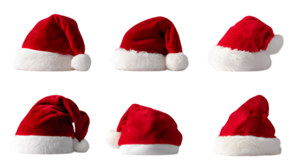 Six classic red and white Santa Claus hats displayed against a clean white background, ready for Christmas festivities.