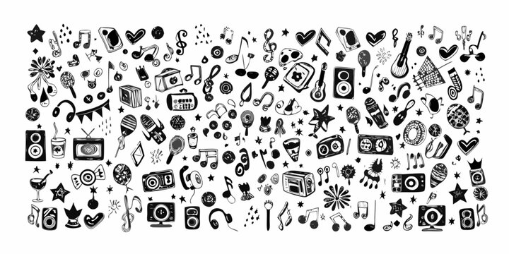 Hand drawn music and entertainment doodle collection in black and white