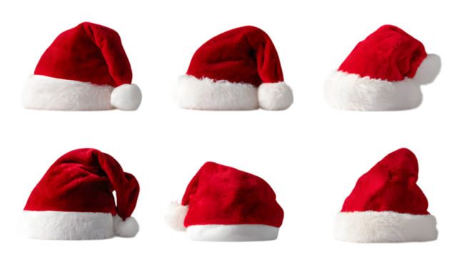 Six classic red and white Santa Claus hats displayed against a clean white background, ready for Christmas festivities.