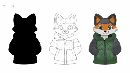 Obraz premium Animated fox character illustration shows outline, color and silhouette transformations, perfect for kids