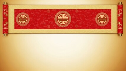 Chinese new year scroll with traditional red background and golden good fortune symbol. Asian culture background for holiday greeting card design.