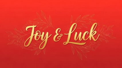Gold Joy & Luck text on red background with floral elements. Celebrating Chinese New Year wishes. Traditional holiday greeting card design.