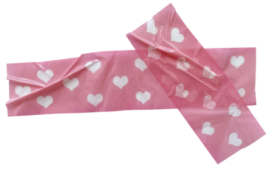 Crumpled torn pieces of pink background with white heart shape wrinkles packing tape, adhesive sealing tape, sticky torn plastic on transparent background. X cross pink tape