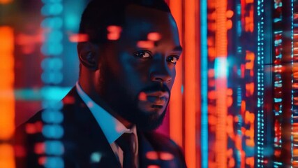 Financial data processing in a high-tech environment featuring an African American professional, financial data processing over african american businessman in office - Powered by Adobe