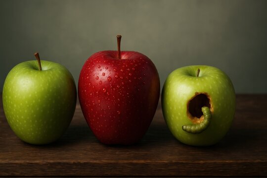 Three Apples on a Wooden Table One Perfect One Infested