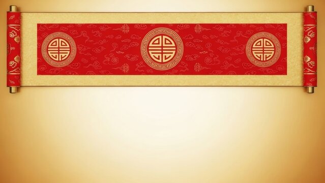 Chinese new year scroll with traditional red background and golden good fortune symbol. Asian culture background for holiday greeting card design. - Powered by Adobe