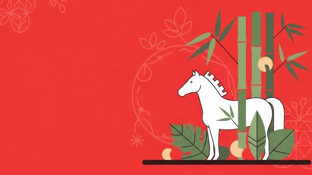 White horse illustration in red background with bamboo and ornamental detail. Chinese New Year concept for greeting card and banner design.