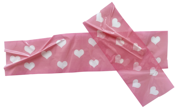 Crumpled torn pieces of pink background with white heart shape wrinkles packing tape, adhesive sealing tape, sticky torn plastic on transparent background. X cross pink tape
