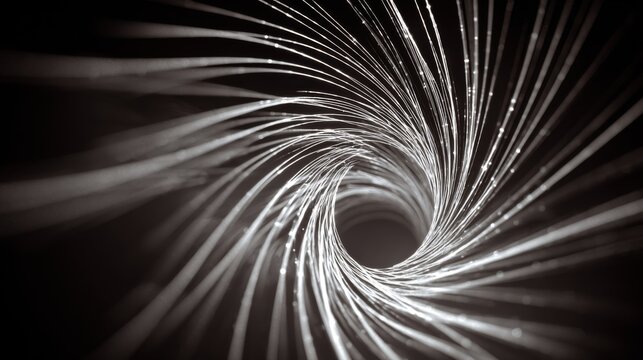 Abstract swirling lines forming a dynamic tunnel with glowing particles illustrating motion and depth in a black background for artistic designs - Powered by Adobe
