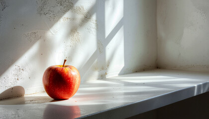 A red apple sits on a white surface, illuminated by sunlight casting shadows on the wall.