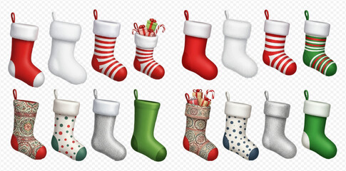 A collection of various Christmas stockings in different colors and patterns, some filled with gifts, on a transparent background.
