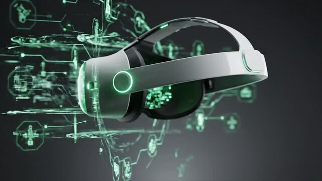 Futuristic animation of a white VR headset with a bright green visor, spinning slowly while holographic interface graphics appear around it, glowing lines and icons, dark-to-gray gradient background