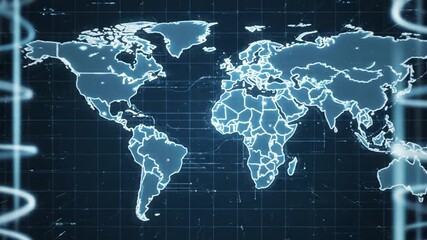 Dynamic world map animation with futuristic blue light trails for global business connections and international technology, finance, and data solutions - Powered by Adobe