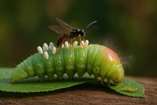 Parasitic Wasp Lays Eggs on a Green Caterpillar's Back in Nature