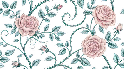 Climbing Rose Vines with Thorns Engraved Botanical Pattern