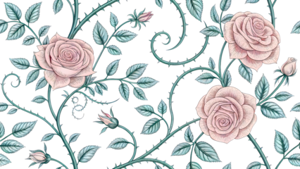 Climbing Rose Vines with Thorns Engraved Botanical Pattern