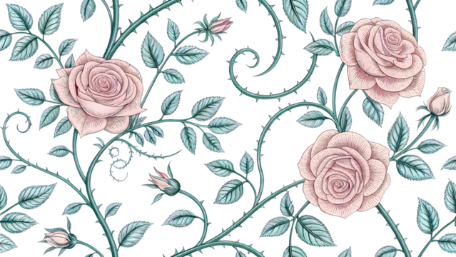 Climbing Rose Vines with Thorns Engraved Botanical Pattern