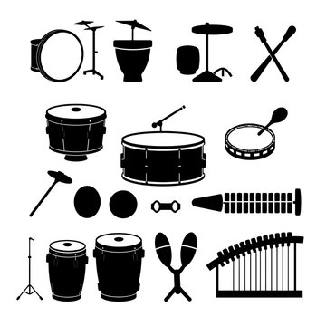 A collection of various silhouette musical percussion instruments are arranged on a white background