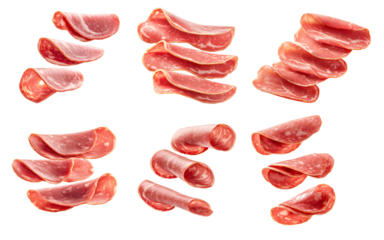 Set of Sliced cured ham Botifarra arranged neatly, isolated on white transparent background, concept of fresh deli meats and food preparation