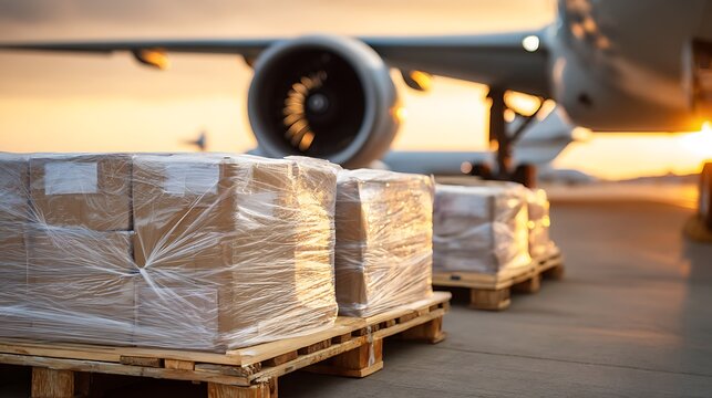 Cargo pallets loaded in front of a large airplane ready for transport at sunset.