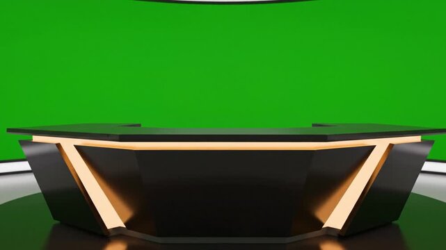 Modern news desk with green screen background creates a professional studio feel perfect for broadcasting, live streaming, or virtual events