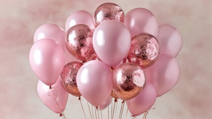 Bright pink balloons combined with shimmering rose gold ones float together, filling the air with a sense of joy and festivity during a cheerful gathering