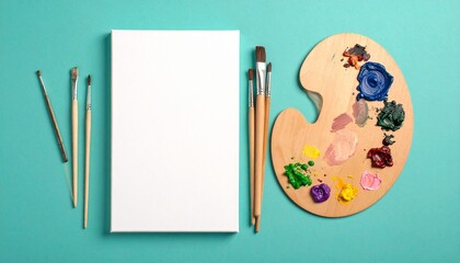 The Painter's Palette. Flat lay of art supplies on a solid deep teal-colored background. The composition features a artist's palette with vibrant dabs of oil or acrylic paint a set of paintbrushes.