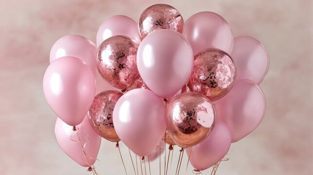 Bright pink balloons combined with shimmering rose gold ones float together, filling the air with a sense of joy and festivity during a cheerful gathering