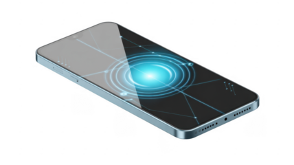 Sleek smartphone with glowing blue digital network graphic on screen isolated on a transparent background