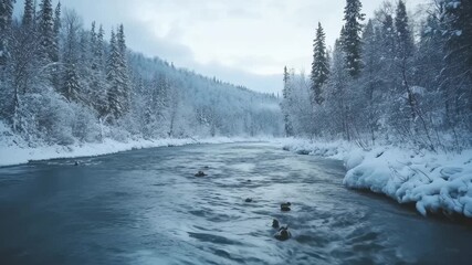 Ducks swim in a winter river surrounded by snow-covered trees and a serene landscape, ducks swim in the winter river - Powered by Adobe