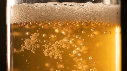 Close up of golden lager beer liquid with rising carbonation bubbles suitable for beverage advertising and refreshing pub drink background textures.
