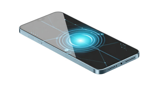 Sleek smartphone with glowing blue digital network graphic on screen isolated on a transparent background