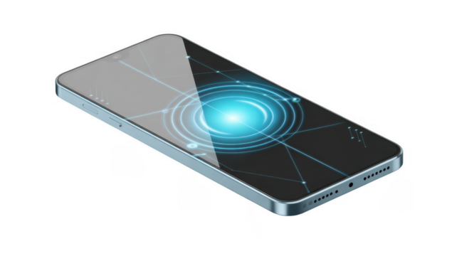 Sleek smartphone with glowing blue digital network graphic on screen isolated on a transparent background