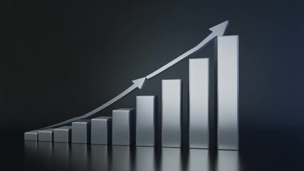 Metallic Bar Chart with Double Upward Arrows Indicating Significant Growth on Dark Reflective Surface - Powered by Adobe