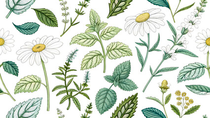 Herbal Tea Plants Engraving Pattern – Mint, Lemon Balm, Chamomile.