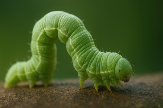 Detailed view of a small green inchworm larva with a distinctive arched posture