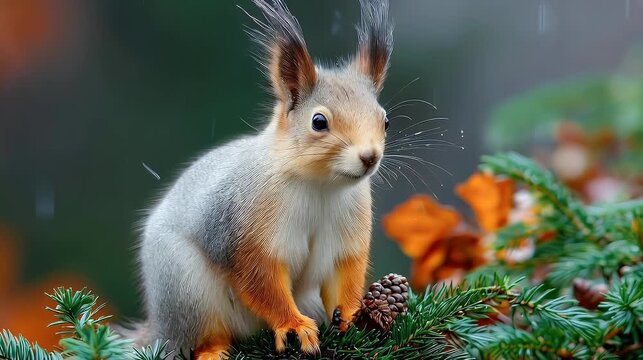 Squirrel perched on evergreen branch in nature environment