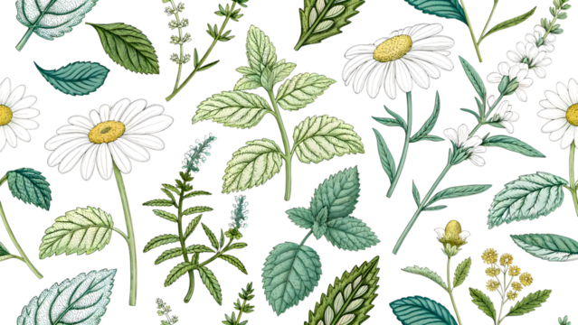 Herbal Tea Plants Engraving Pattern – Mint, Lemon Balm, Chamomile.