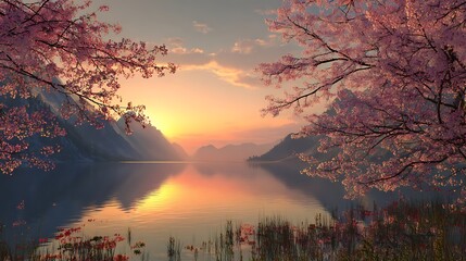 Serene lake reflects golden sunset light framed by blossoming branches and distant mountains
