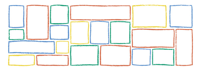 Crayon kid colored frame set. Set of color doodle boxes with border. Hand drawn illustration.