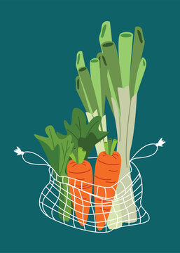 Vegetable Grocery Bag. Organic Fresh Produce Veggie Ingredients. Heatlhy Diet Lifestyle. Fresh Organic Vegetables in Eco-Friendly Mesh Bag on Green Background